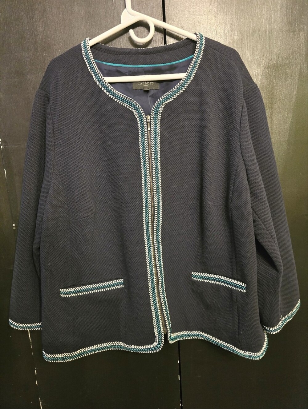 Talbots Navy Zip-Front Jacket with Teal & White Braid Size 24W